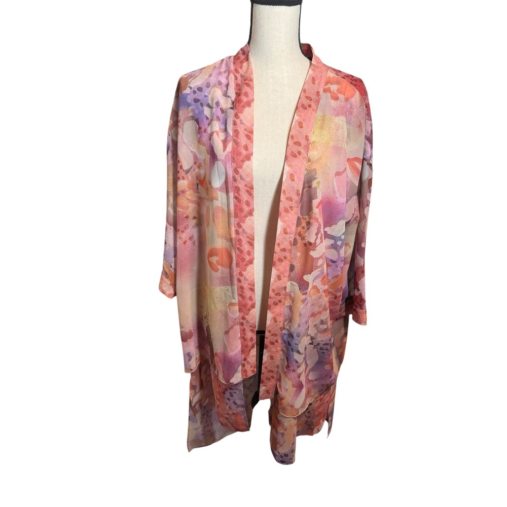 Soft Surroundings Pink Lavender Open-Front Watercolor Kimono